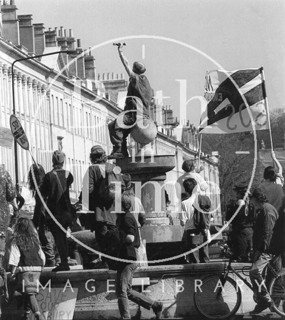 Protesters on the fountain, Laura Place, Bath 1994