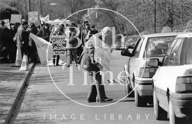 A protester campaigning for rail not roads, Batheaston/Swainswick Bypass 1994