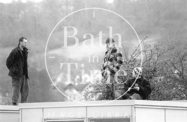 Protesters on top of the site huts, Batheaston/Swainswick Bypass 1994