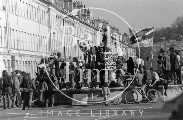 Protesters on the fountain, Laura Place, Bath 1994