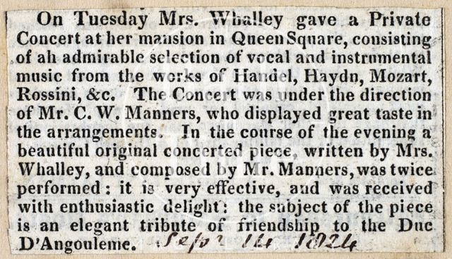 Musical concert at Mrs. Whalley's mansion, Queen Square, Bath 1824