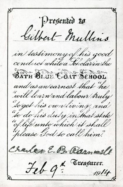 Good conduct certificate, Bluecoat School, Bath 1914