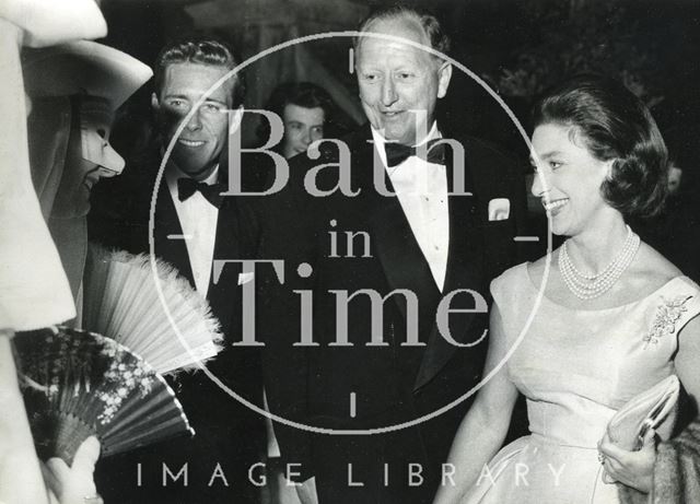 Princess Margaret and Lord Snowdon meet a performer in Parade Gardens, Bath Festival 1962