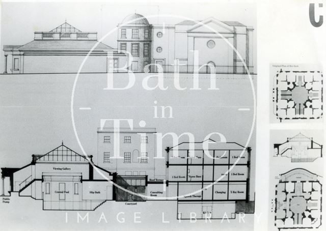 Elevation and section of proposed restoration of the Hot Bath and Beau Street Baths, Bath 1988