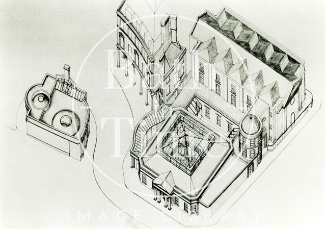 Bird's eye view of the proposed restoration of the Hot Bath and Beau Street Baths, Bath 1988