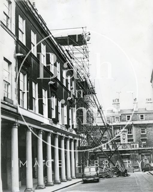 Scaffold shoring up the western end of the southern side of Bath Street, Bath c.1970