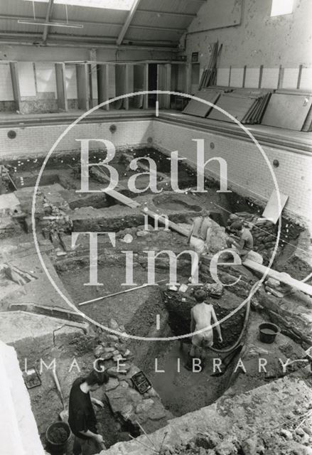 Archaeologists digging the defunct Beau Street Baths, Bath 1989