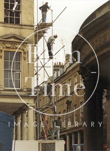 Scaffolding being erected to the Bath Street facade of the Bath Treatment Centre 1986