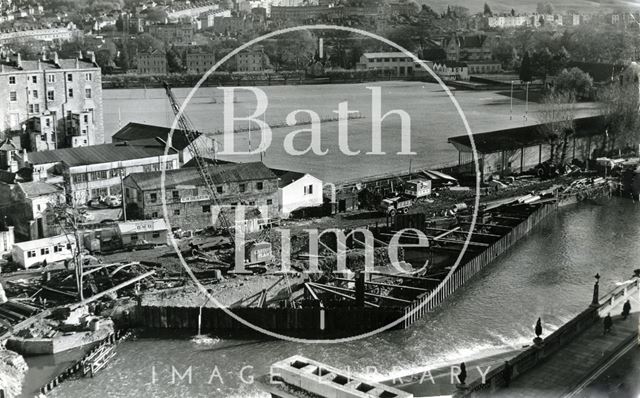 Flood prevention barriers being constructed at Pulteney Weir, Bath c.1968