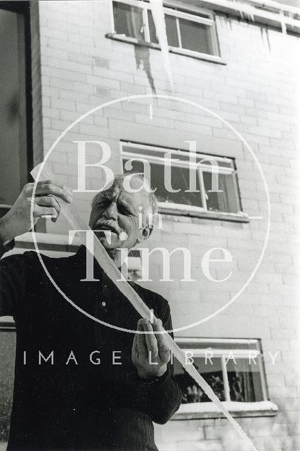 Len Page holds part of a 10 ft. icicle which he discovered on the corner of his building in Bathwick, Bath during the great British freeze in 1982