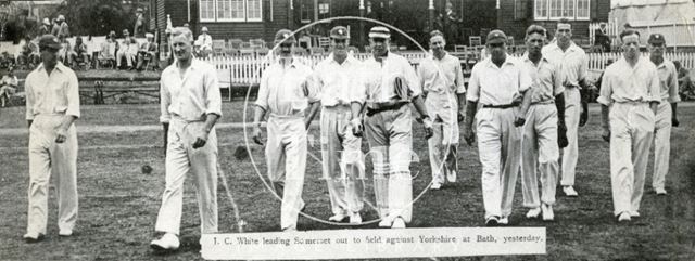 J.C. White leading Somerset out to field against Yorkshire at Bath c.1927-1931