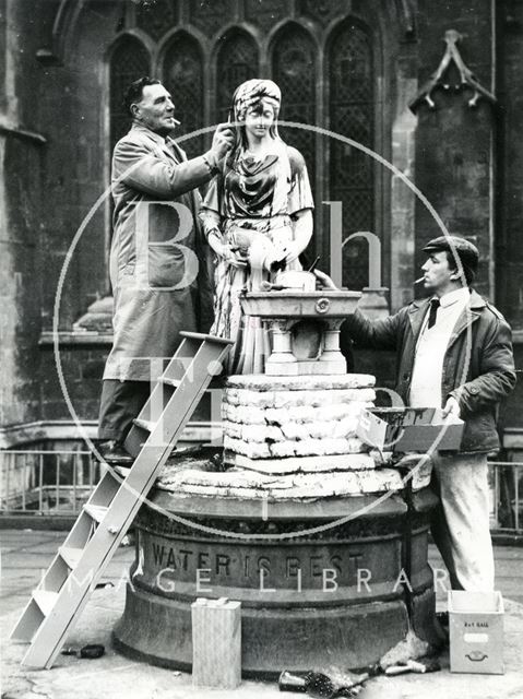 Rebekah Fountain undergoing cleaning following vandalism, High Street, Bath 1967