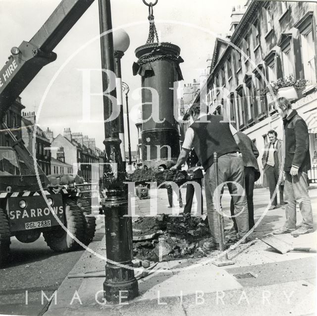 Workmen removing a post box from Milsom Street, Bath 1971