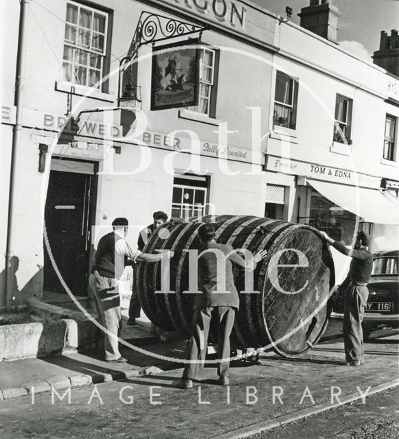 The giant barrel being delivered to the George & Dragon, Batheaston c.1960