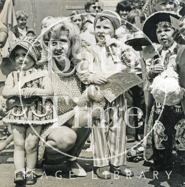 Liz Frazer and fancy dress competitors, Theatre Royal, Bath 1973