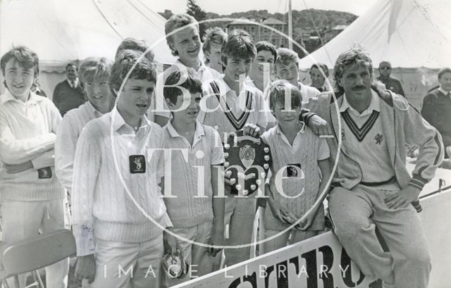 Ian Botham with members of Temple Cloud, Somerset cricket team 1985