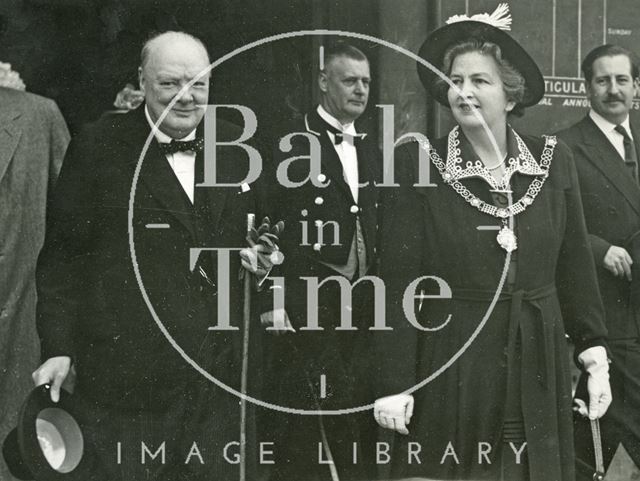 Winston Churchill and Mayoress Cllr Miss Kathleen Harper outside the Guildhall, Bath 1950