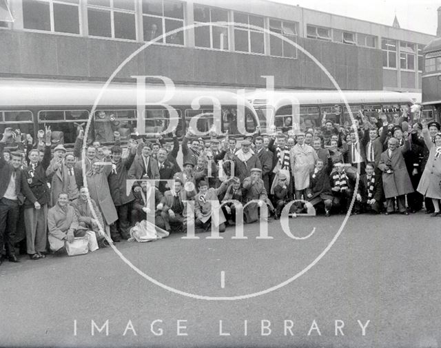 Bath City fans at the bus station, preparing to leave for Bolton, 8 January 1964