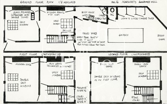 Ground, first and second floor plan of 16, Margaret's Hill, Walcot, Bath 1964