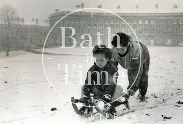 Sledging in front of Royal Crescent, Bath 1985