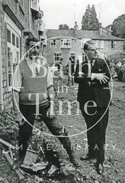 Ted Brown at Montrose Cottages, Lower Weston, Bath after the floods 1968