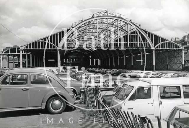 Cars parked in the disused Green Park Station, Bath 1974