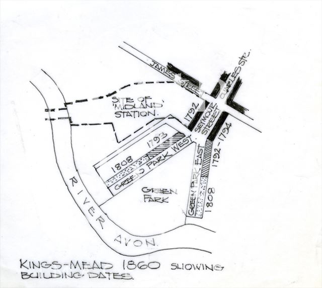 Drawing of the Kingsmead and Green Park area of Bath (1860) 1980s