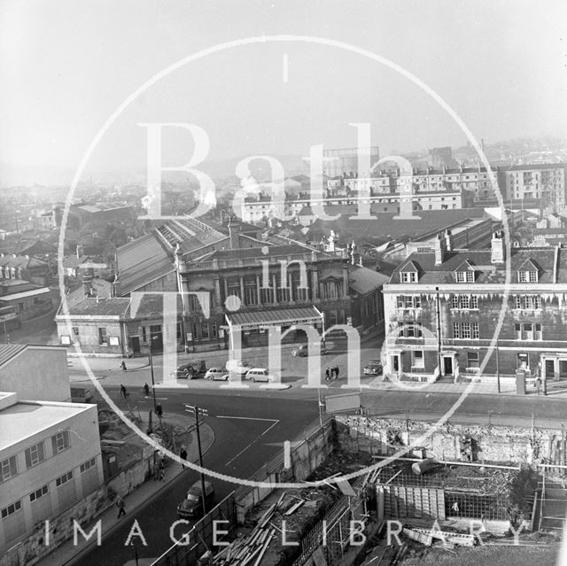 View from a tower crane of Green Park Station, Bath 1964