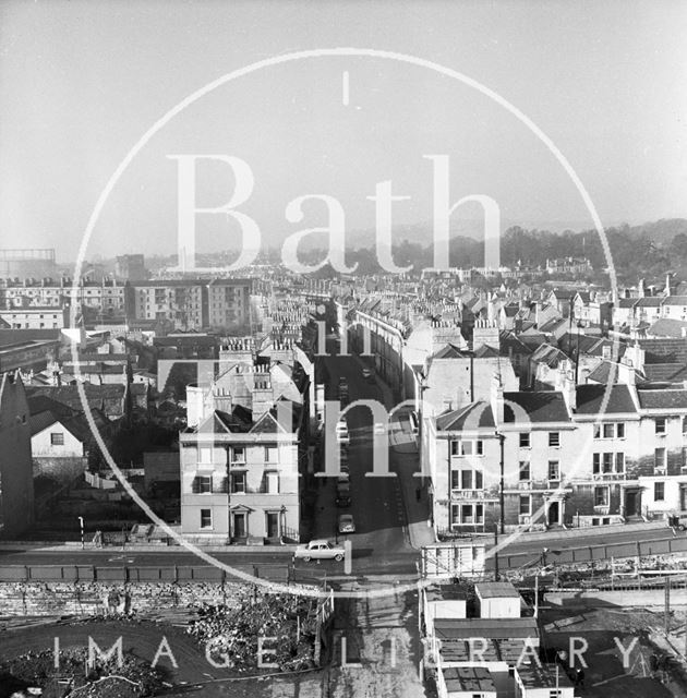 View from a tower crane towards New King Street, Bath 1964