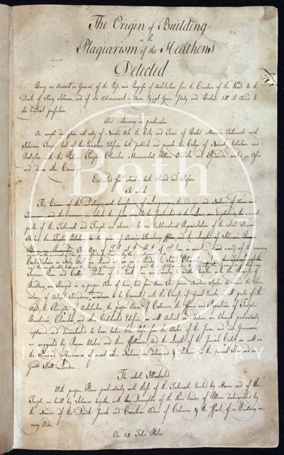 The first page of the manuscript for the Origin of Building by John Wood Senior 1741