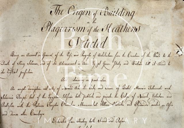 The first page of the manuscript for the Origin of Building by John Wood Senior 1741