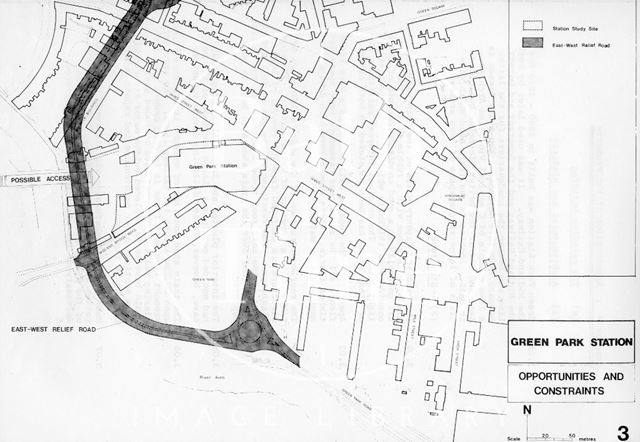 The Green Park Station Development Site, showing the proposed East-West Relief Road, Bath 1975