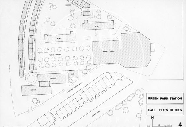 The Green Park Development Site, Showing flats, a Public Hall and Offices, Bath 1975