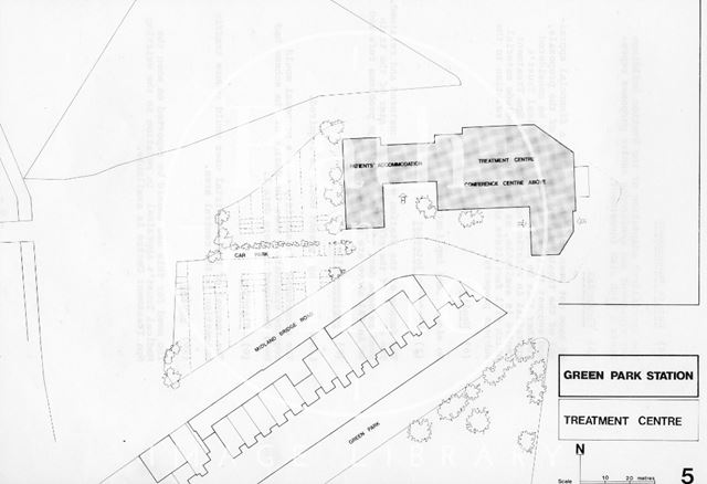 The Green Park Development Site showing a Treatment Centre, car park and Patients Accommodation, Bath 1975