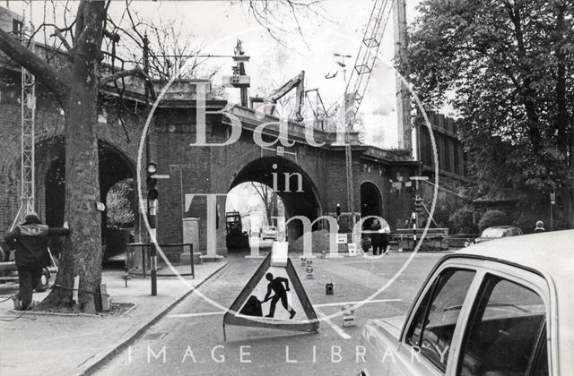 The railway bridge over Pulteney Street, Bath being prepared for demolition 1974