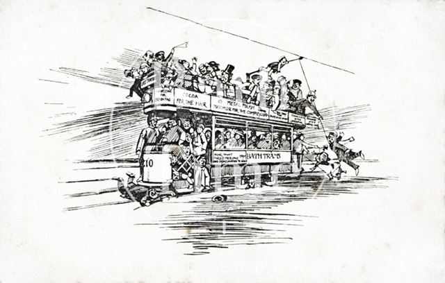 Cartoon view of a Bath tram c.1905