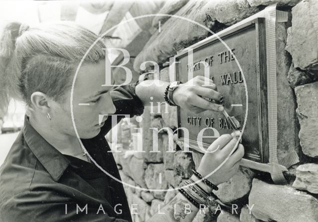 Cleaning the plaque on the city wall, Upper Borough Walls, Bath 1989