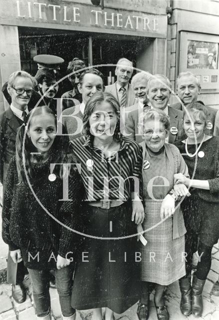 Staff outside the Little Theatre, St. Michael's Place, Bath 1986