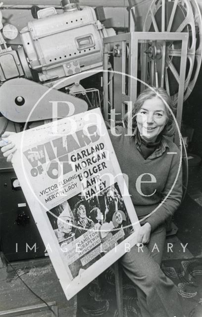 Mrs. Hilary King with a poster of the Wizard of Oz, Little Theatre, Bath 1986