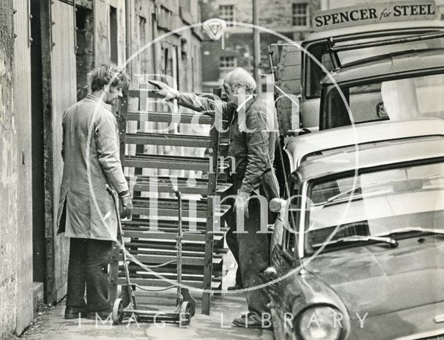 Steel racking being delivered to Bowler's, Corn Street, Bath 1970