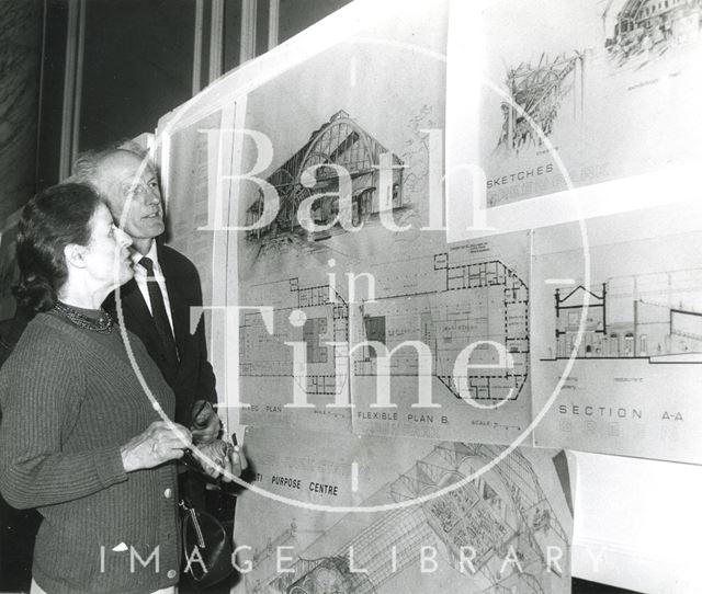 Inspecting development plans for Green Park Station, Bath 1974