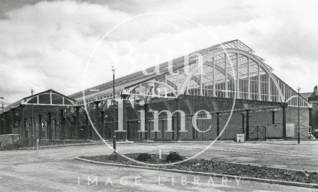 The restored train shed and rear view of Green Park Station, Bath 1982