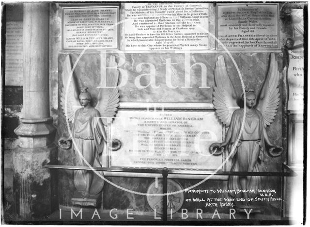 Monument to William Bingham, Senator, U.S.A. on wall at the west end of south aisle, Abbey interior, Bath c.1937