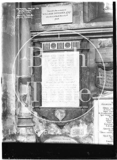 Memorial tablet to Beau Nash 1674-1762, south aisle, Abbey interior, Bath c.1937