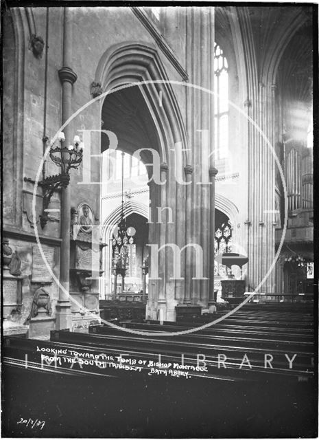 Looking toward the tomb of Bishop Montague from the south transept, Abbey interior, Bath 1937