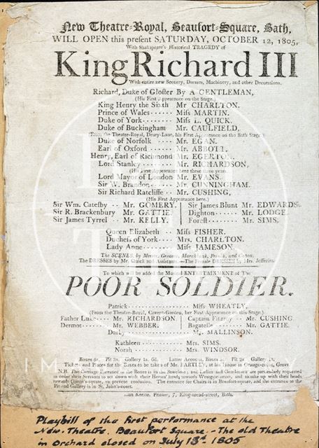 King Richard III Playbill, New Theatre Royal, Bath 1805