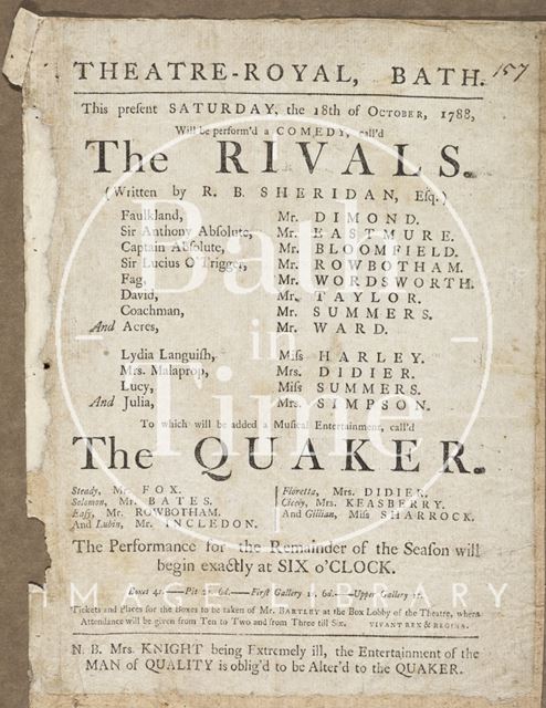 The Rivals Playbill, Theatre Royal, Bath 1788