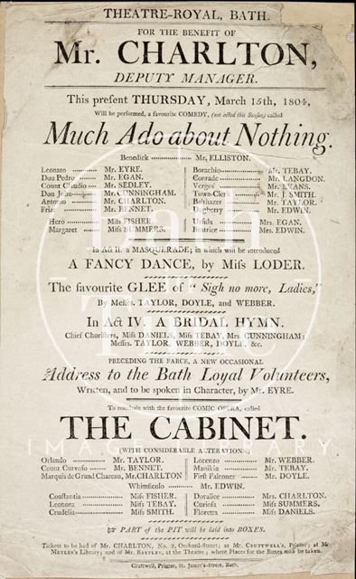 Much Ado about Nothing Playbill, Theatre Royal, Bath 1804