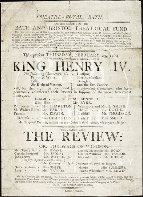 King Henry IV Playbill, Theatre Royal, Bath 1804