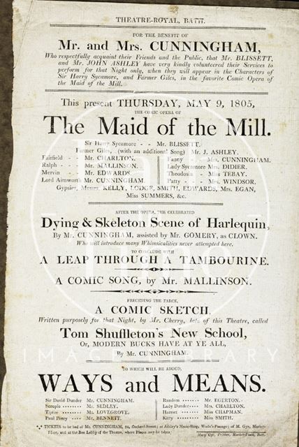 The Maid of the Mill Playbill, Theatre Royal, Bath 1805